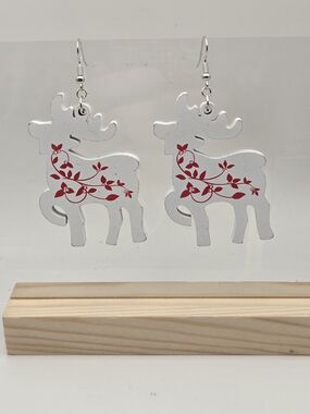 Silver Reindeer Dangle Earrings with Red Floral Accent